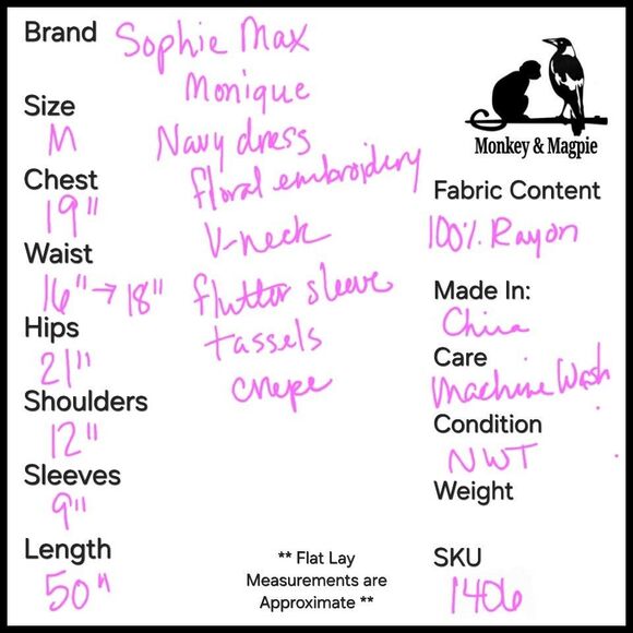 Sophie Max Navy Blue Midi Dress Red Floral Embroidery Tassels Womens Medium - Picture 10 of 10